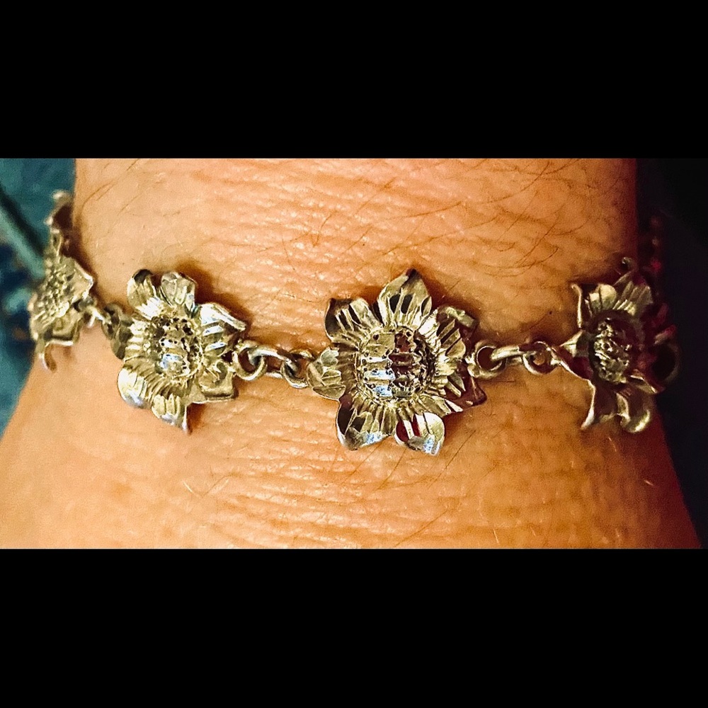 Vintage Sterling Silver Sunflower Link Bracelet